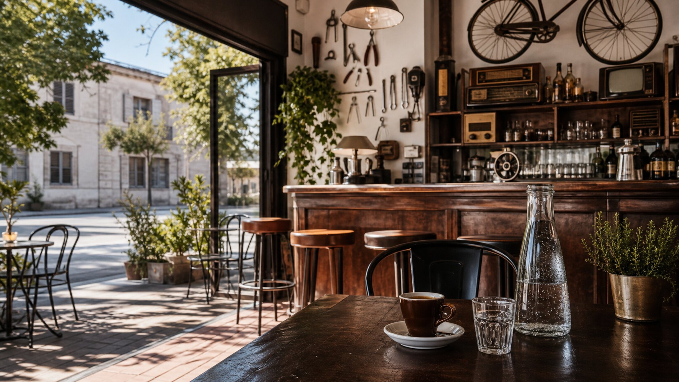 Ilustrativni retro caffe bar s kavom i terasom